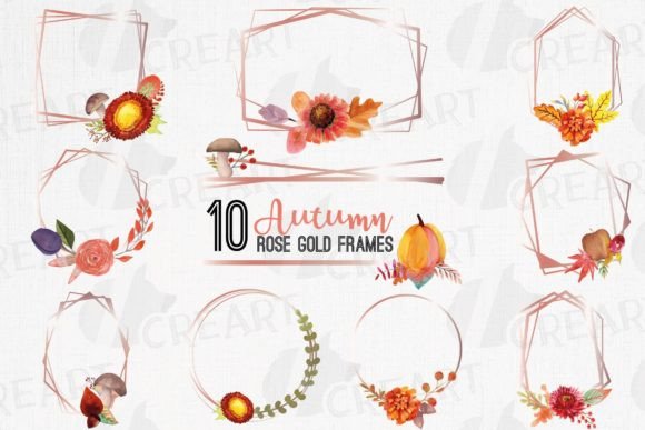 Autumn Floral Geometric Rose Gold Frames: Graphics & Print Templates