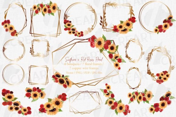 Sunflowers and Red Roses Copper Frames: Graphics & Print Templates
