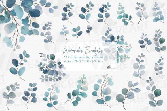 Watercolor Eucalyptus Branches Clip Art: Graphics for Print Templates