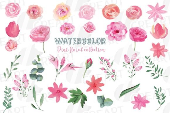 Watercolor Pink Flowers & Green Leaves Graphics